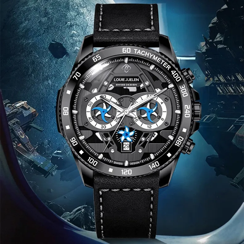 LOUIE JUELEN Men Racing Chronograph Watch Hollow Skeleton Dial Tachymeter Leather Strap Waterproof Quartz Wristwatch Business