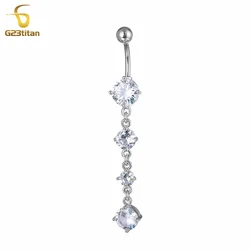G23titan Long Belly Button Ring for Women White CZ Zircon Dangle G23 Titanium or Steel Piercing 14G Navel Earring Body Jewelry