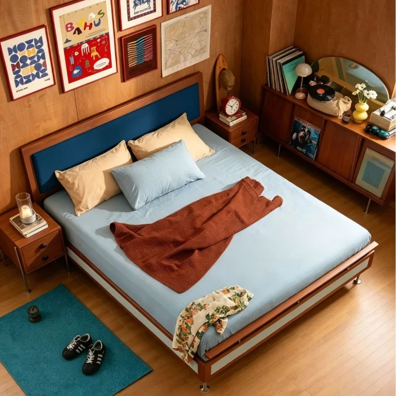 Medieval Nordic solid wood bed, cherry wood retro soft bag bed
