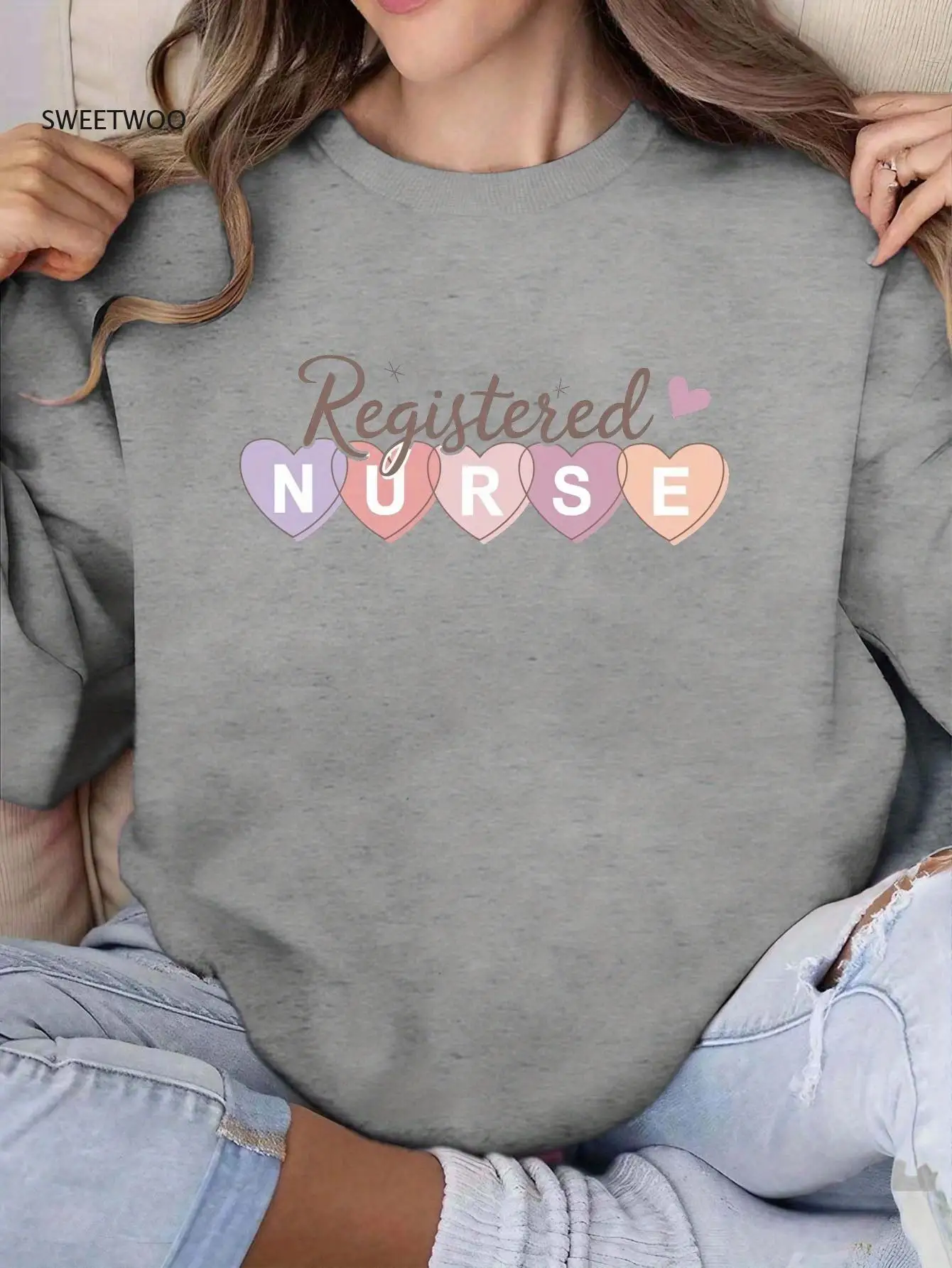 

Registered Nurse In Hearts Women's Casual Crewneck Pullover with Multicolor Heart Design, Machine Washable,comfortable