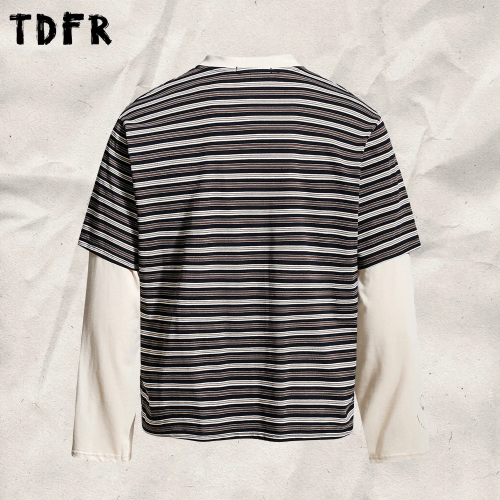 Horizontal Stripes Faux Two-Piece T-shirt Mens Autumn Loose Patchwork Long Sleeve Henley Neck Tee Man