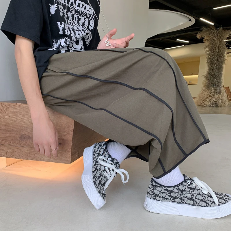 

Mens Striped Patchwork Wide-leg Pants Summer Straight Casual Baggy Pants Oversize Harajuku Streetwear Black/Khaki/Army Green