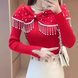 New In Pearls Beading Tassel Sweater 2025 Autumn Knitted Slim Fitting Pullover For Women Long Sleeve Sweater