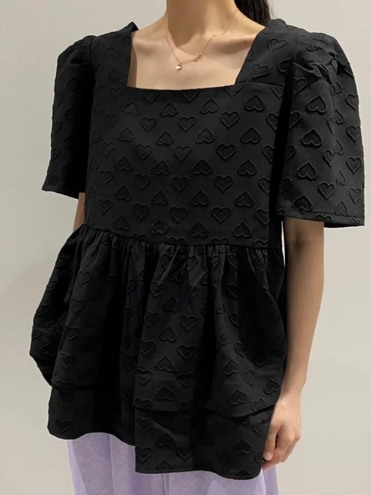 

Шикарный винтажный дизайн ort Sve irt, женский модный топ с квадратным воротником и пузырьками в форме сердца, весна-лето, повседневная одежда