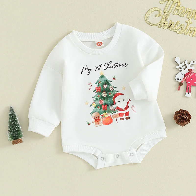 Baju monyet lengan panjang motif rusa Natal, pakaian liburan meriah jumpsuit pas longgar bayi baru lahir leher bulat