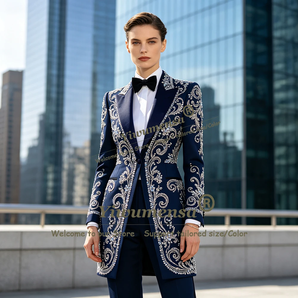 Exclusive Women Suits Sparkly Crystals Beading Rhinestones Prom Blazer Long Pants 2 Piece Sets Business Tuxedo Suit Lady Clothes