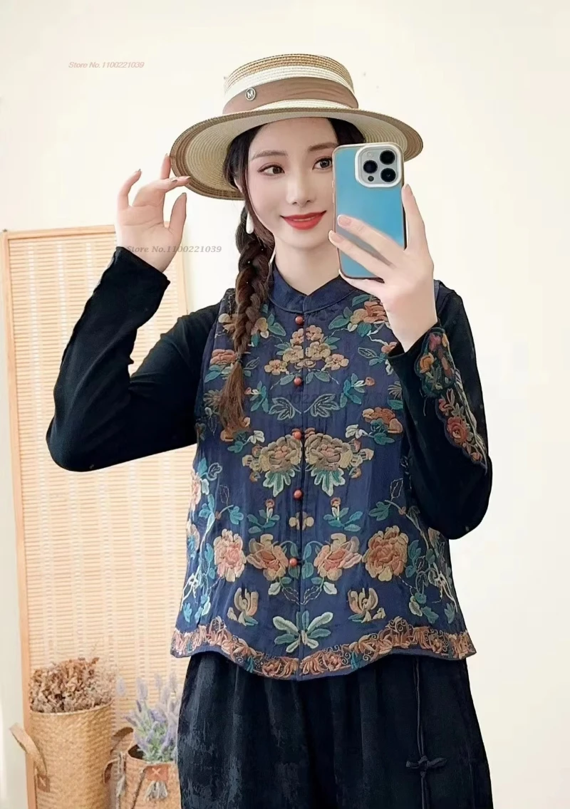 2024 chinese vintage hanfu tops traditional stand collar vest national flower embroidery ethnic vest oriental sleeveless jacket