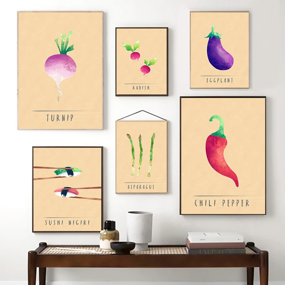 Vegetable Canvas Print and Poster Watercolor Radish Asparagus Turnip Canvas Painting Sushi Nigiri Picture Kitchen Wall Art Decor