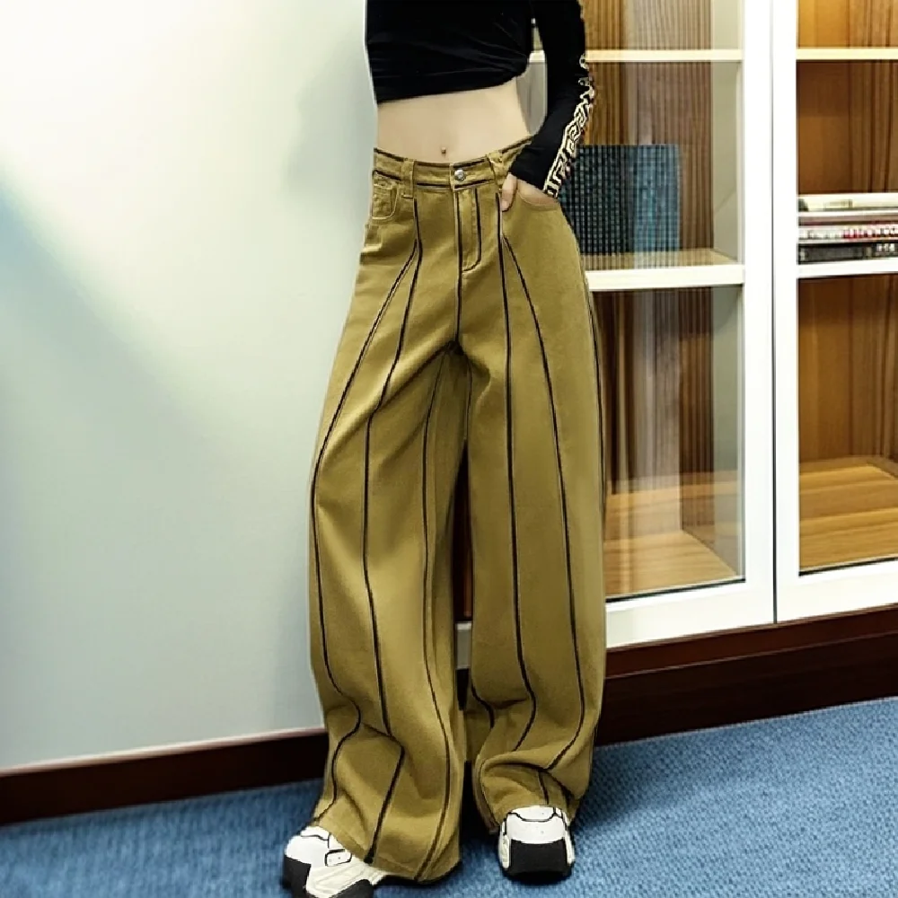 

Side Color Block Design Draped Casual Jeans Women Spring Autumn New High-Waist Loose Slim Versatile Straight Wide-Leg Pants