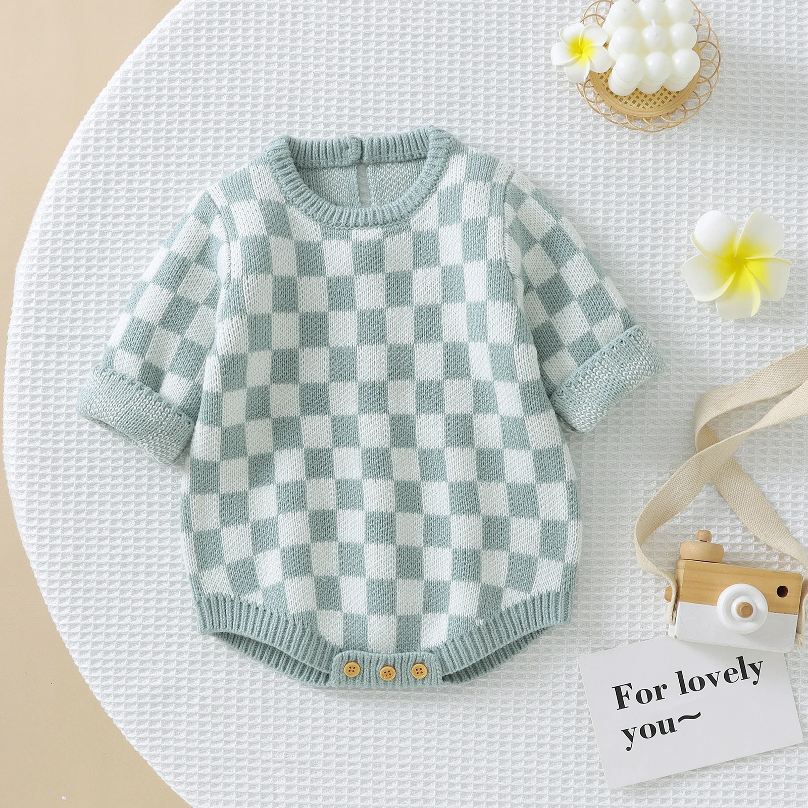 Infant Baby Girls Boys Sweater Romper Checkerboard Plaid bubble Long Sleeve Knitted Sweater Jumpsuits Fall Winter Bodysuits