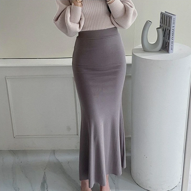 Elegant Summer Long Skirts Women Fashion High Waist Elastic Korean Y2k Clothes Casual Slim Ladies Mid Length Pink Black Skirt