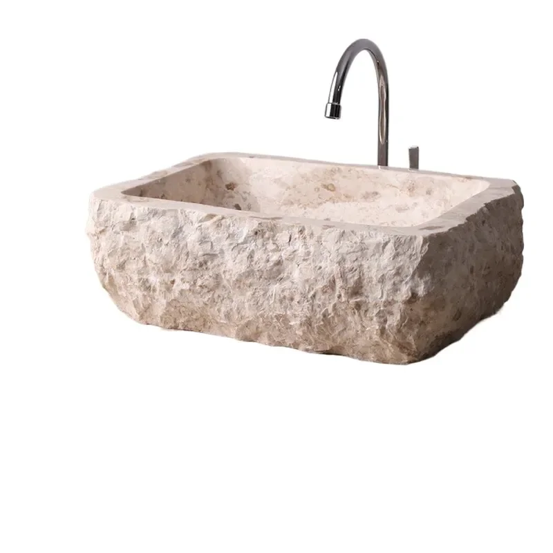Natural marble washbasin, bathroom hammer edge sink, limestone used for home decoration