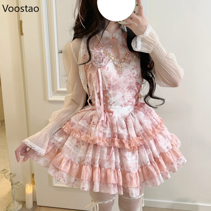 New Chinese Style Vintage Lolita Jsk Princess Dress Women Elegant Print Lace Ruffle Tea Party Mini Dress Pink Sweet Y2k Vestidos