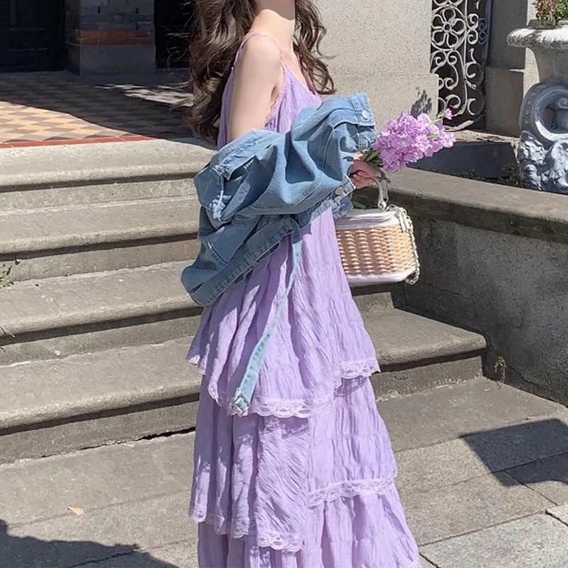 Vestido largo sexi de verano para mujer, vestido Vintage informal con volantes y tirantes Maxi, vestido veraniego para la playa, Vestidos de fiesta de encaje liso elegante