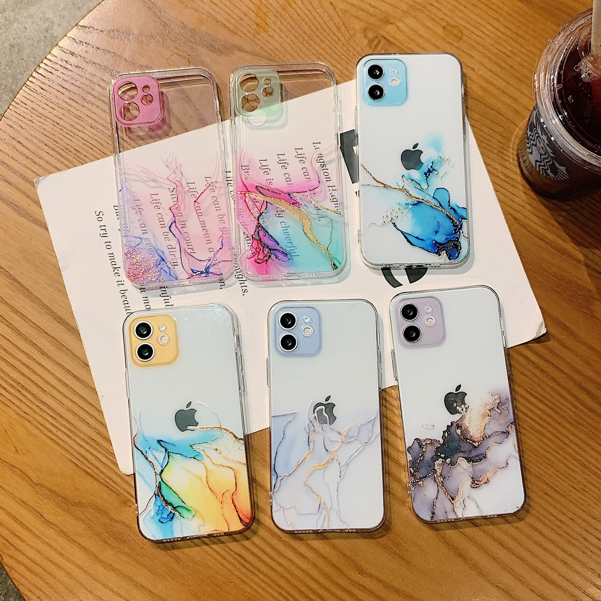 For iPhone 14 Pro Max 13 12 Mini 11 X XR XS 7 8 Plus 6 6S 7P 8P Watercolor Painting Phone Case Colorful Marble Clear Soft Cover