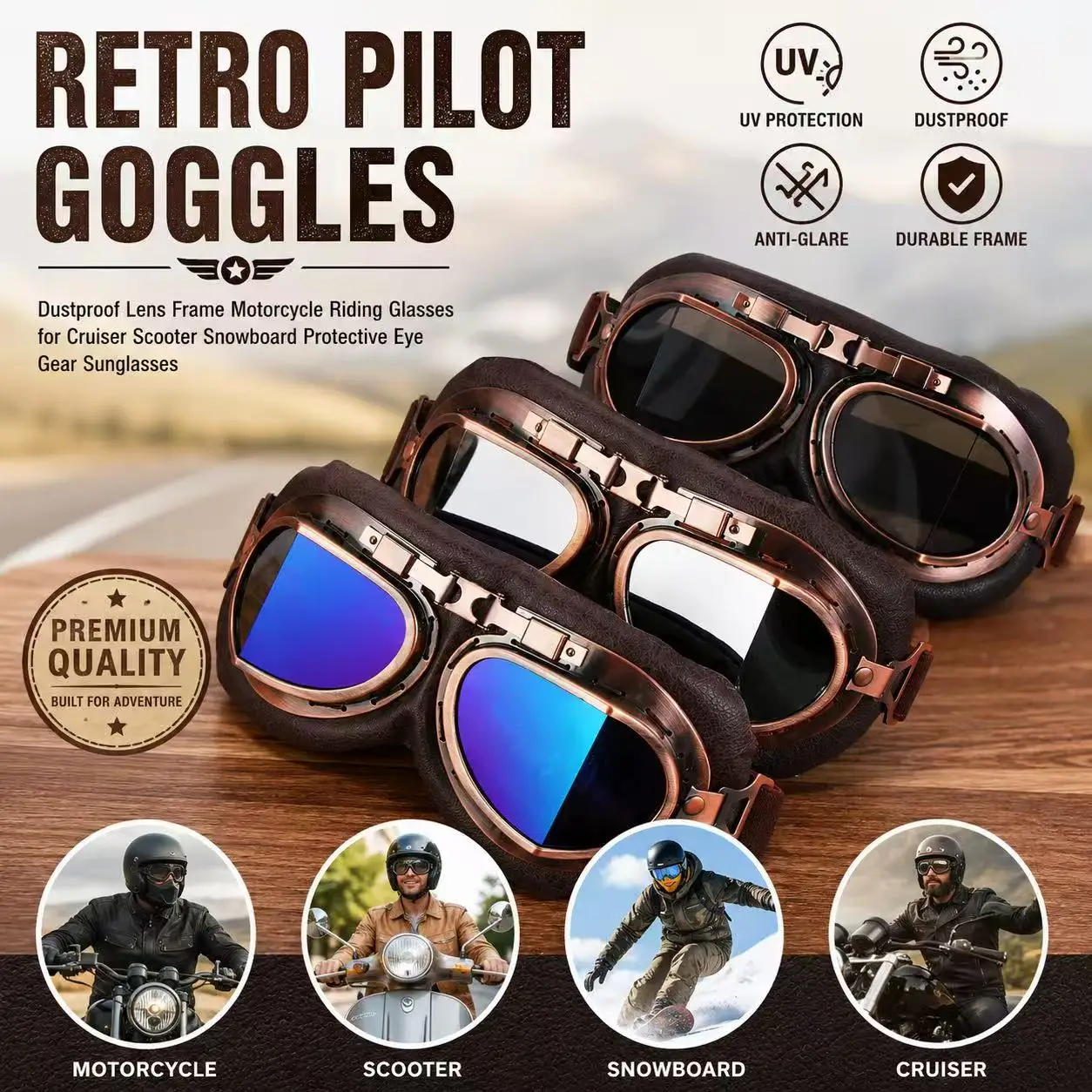 

Retro Pilot Goggles Dustproof Lens Frame Motorcycle Riding Glasses for Cruiser Scooter Snowboard Protective Eye Gear Sunglasses