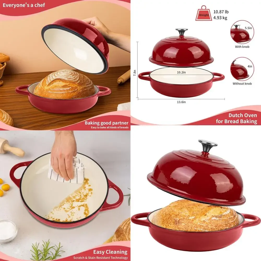 

Enameled Cast Iron Bread Dutch Oven, 5.4 Qt, 25 cm, Red, Perfect for Sourdough, Oven Safe to 500°F