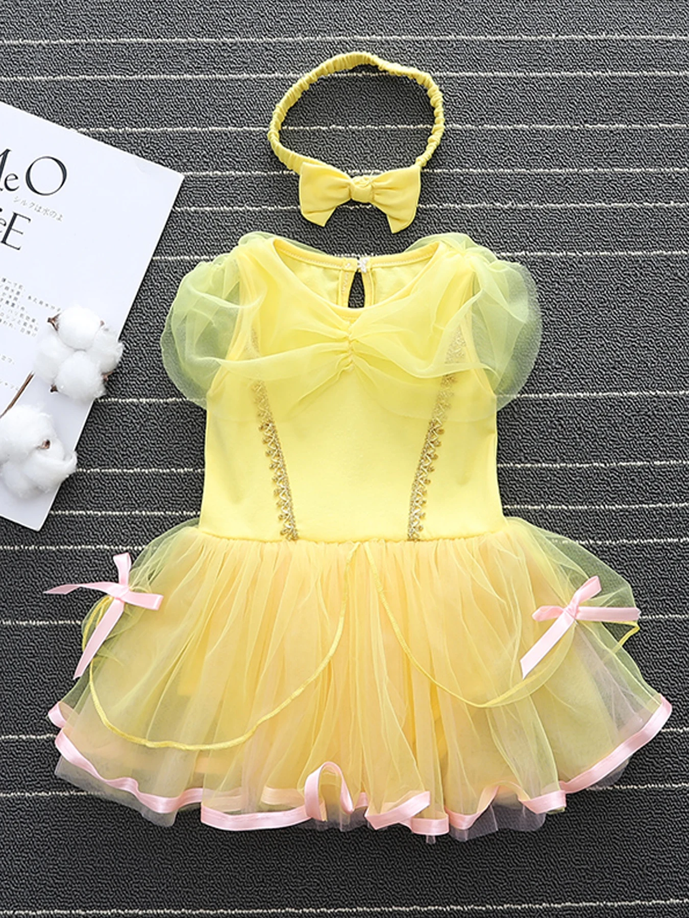 Cute Baby Girls Cotton Short Sleeve Romper Plus Headband, New Yellow Princess Dress Bodysuit, Infant Baby Girls Princess Dress,