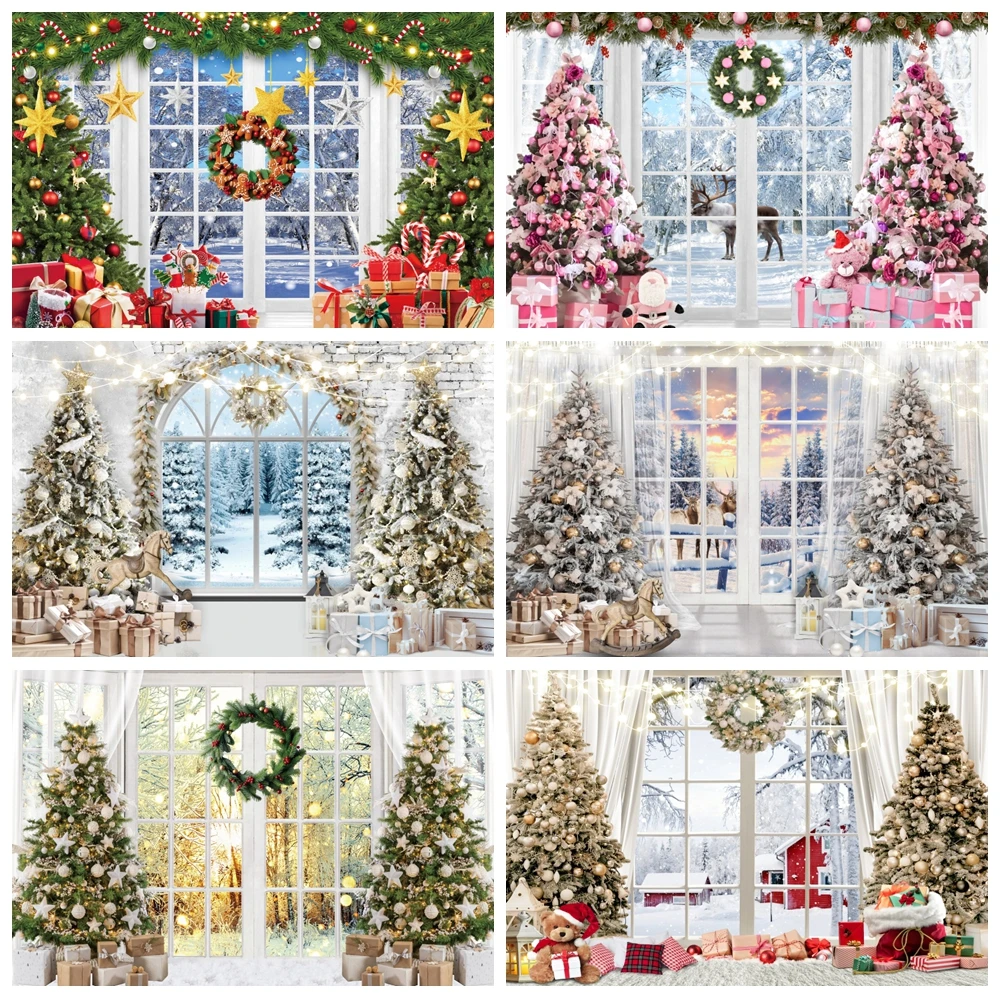 Christmas Backdrop Winter White Wood Window Snow Forest Scene Xmas Tree Fireplace Family Portrait Photography Background Decor