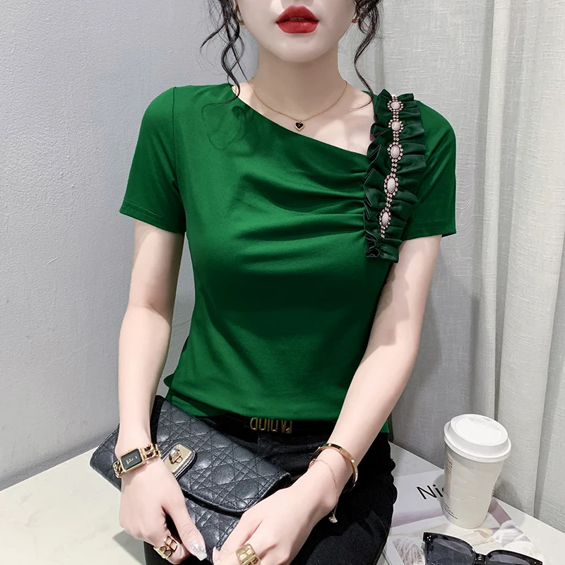 MadBlack-Women's European T-Shirt, Sexy Skew Collar Ruffles Diamond, Streetwear Short Sleeve Slim Tee, 2025 Summer New T52939CC