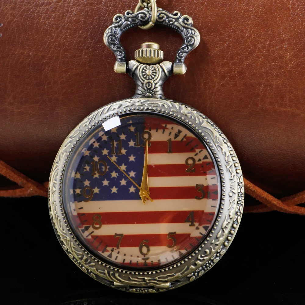 Bronze Transparent Case American Flag Classic National Logo Chain Watch Vintage Steam Punk Pendant Necklace Jewelry Gift CF1061
