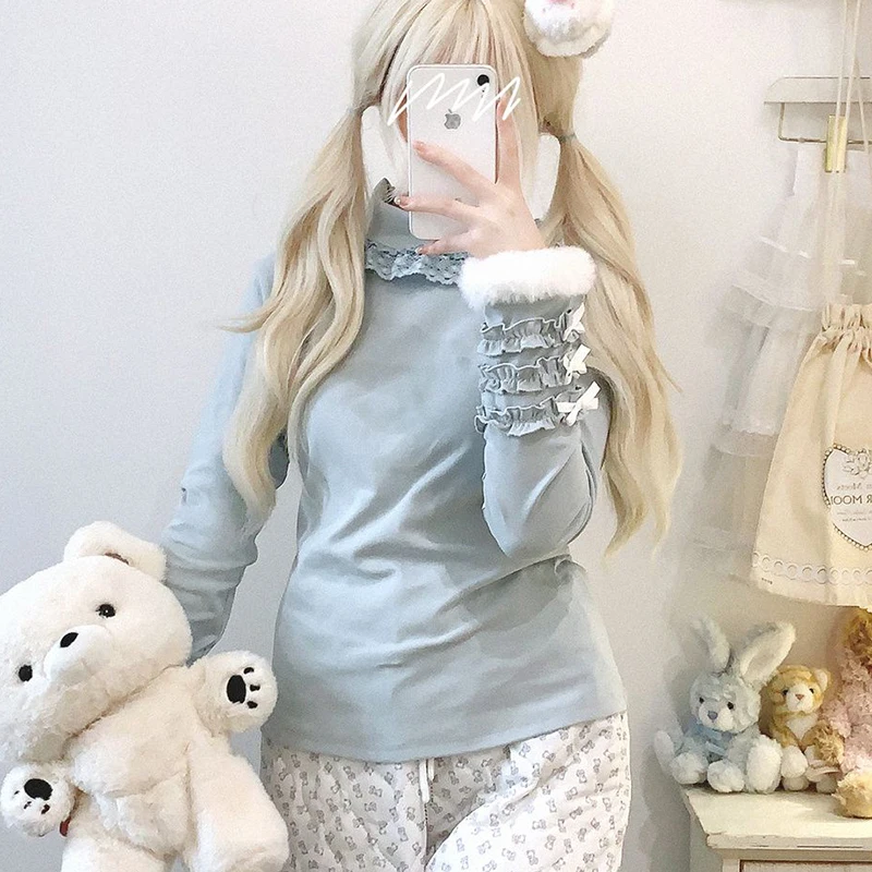 المرأة الحلو لوليتا الخريف قميص طويل الأكمام الصلبة طويلة الأكمام تقليم المحملة Kawaii الدانتيل وهمية الرقبة نمط Preppy بلوزة