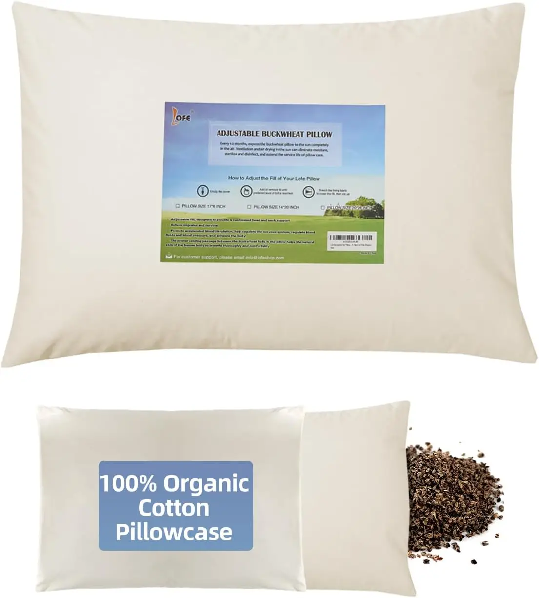 

Organic Buckwheat Pillow with Cotton Case, Adjustable 20x26 Inches for Cool Sleep and Cervical Support