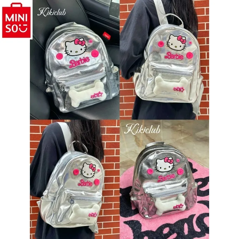 MINISO Sanrio Cartoon Hello Kitty Pink Button Cute Student Backpack Simple Sweet Waterproof Children's Backpack