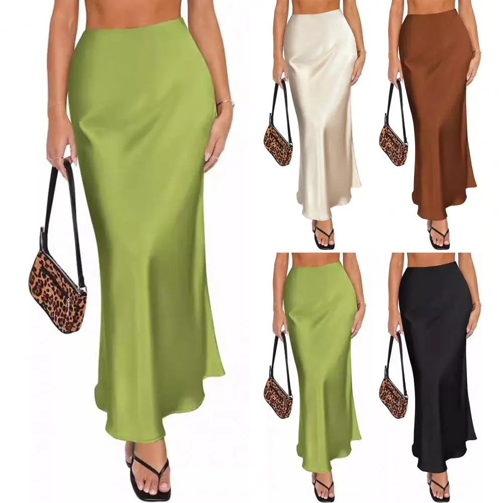 Elegant Maxi Skirt Women High-Waist Smooth Satin Long Skirt Zipper Solid Color Spring Autumn Hip Wrapped Fishtail Skirt