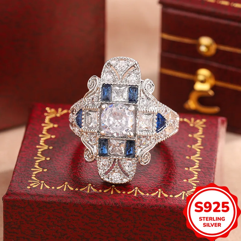 Retro Personalized Authentic S925 Silver Geometric Blue Zircon Luxury and Elegant Ladies Ring