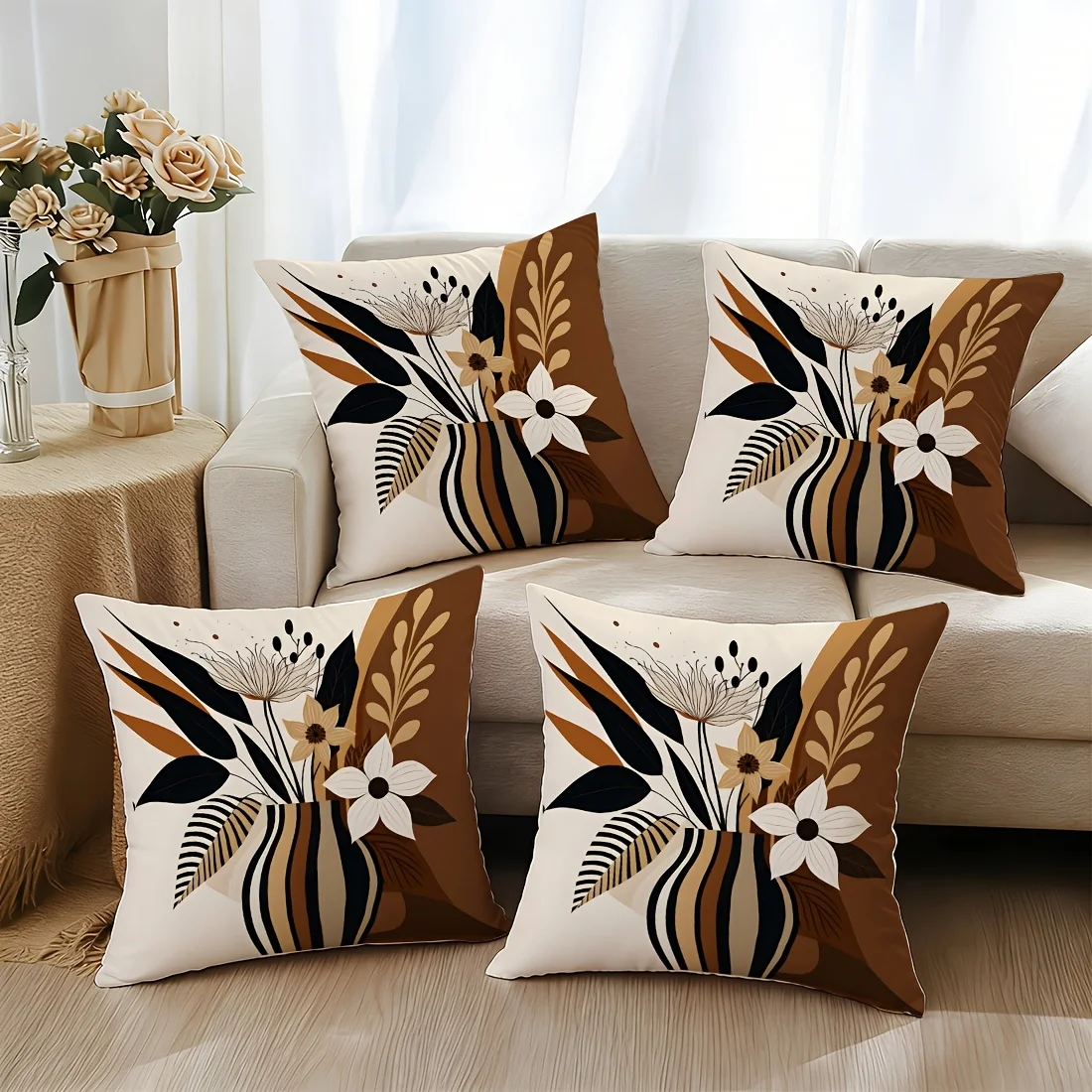 Wabi Sabi Style Throw Pillow Cover, Abstract Vase Floral Pattern, Vintage Art Cushion Case, Brown Black Beige White, Double