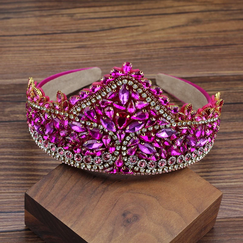 Handmade Women Hair Accessories Hot Pink Blue Crystal Queen Tiara Headbands Princess Baroque Crowns Hairbands For Girls Wedding