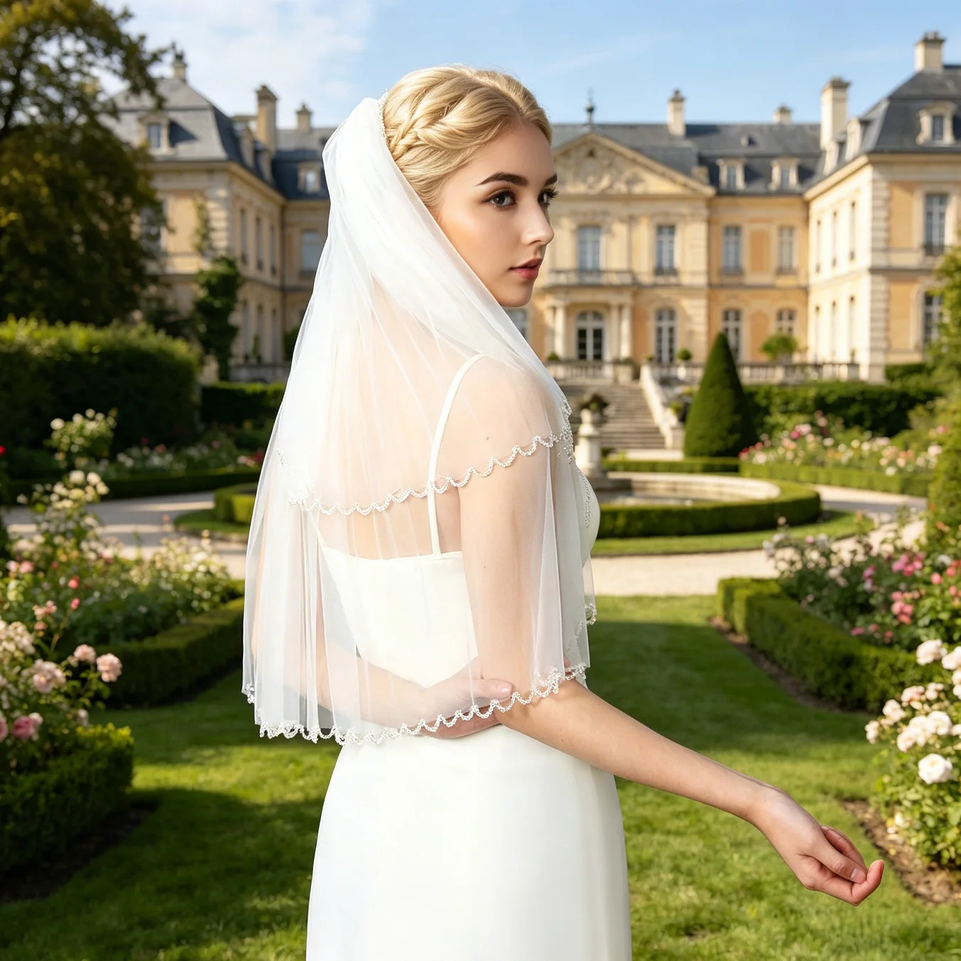 Vintage Blusher Wedding Veil with Crystal Beaded Edge Luxury Head Accessory for Formal Weddding Party Celebration G198