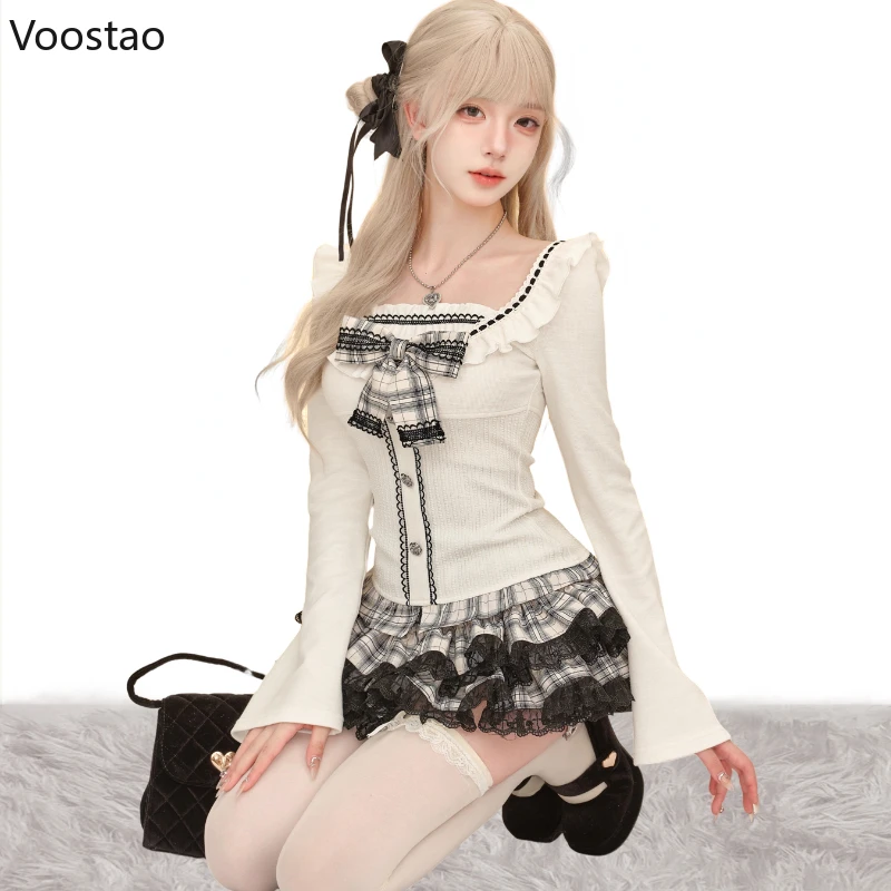 Japanese Gothic Lolita 2 Piece Sets Women Sweet Bow Long Sleeves Blouse Tops Lace Ruffles Plaid Mini Skirt Female Korean Outfits