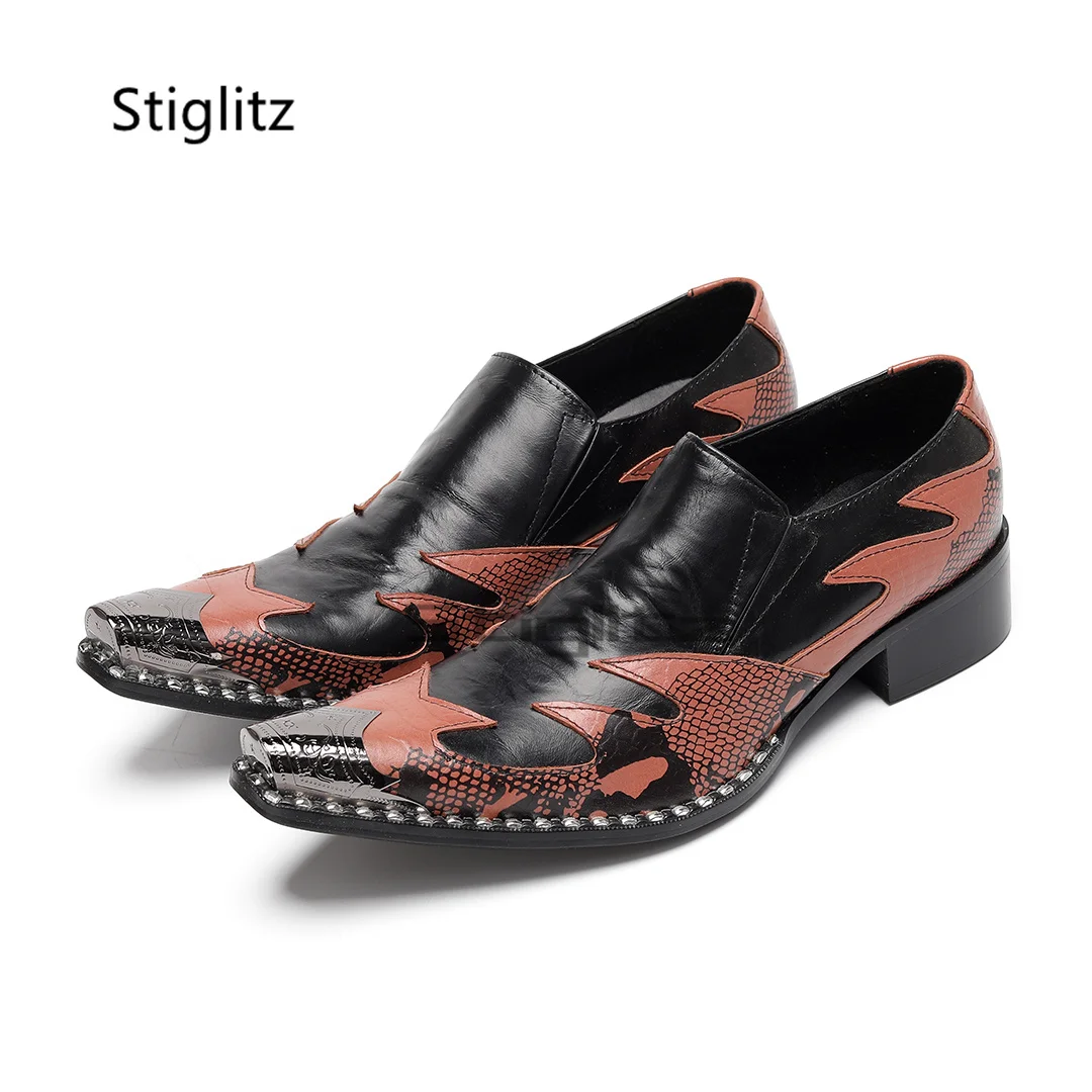 

Totem Patchwork Genuine Leather Shoes Men Metal Pointed Toe Retro British Style High Heels Spring Autumn Party Formal Shoes