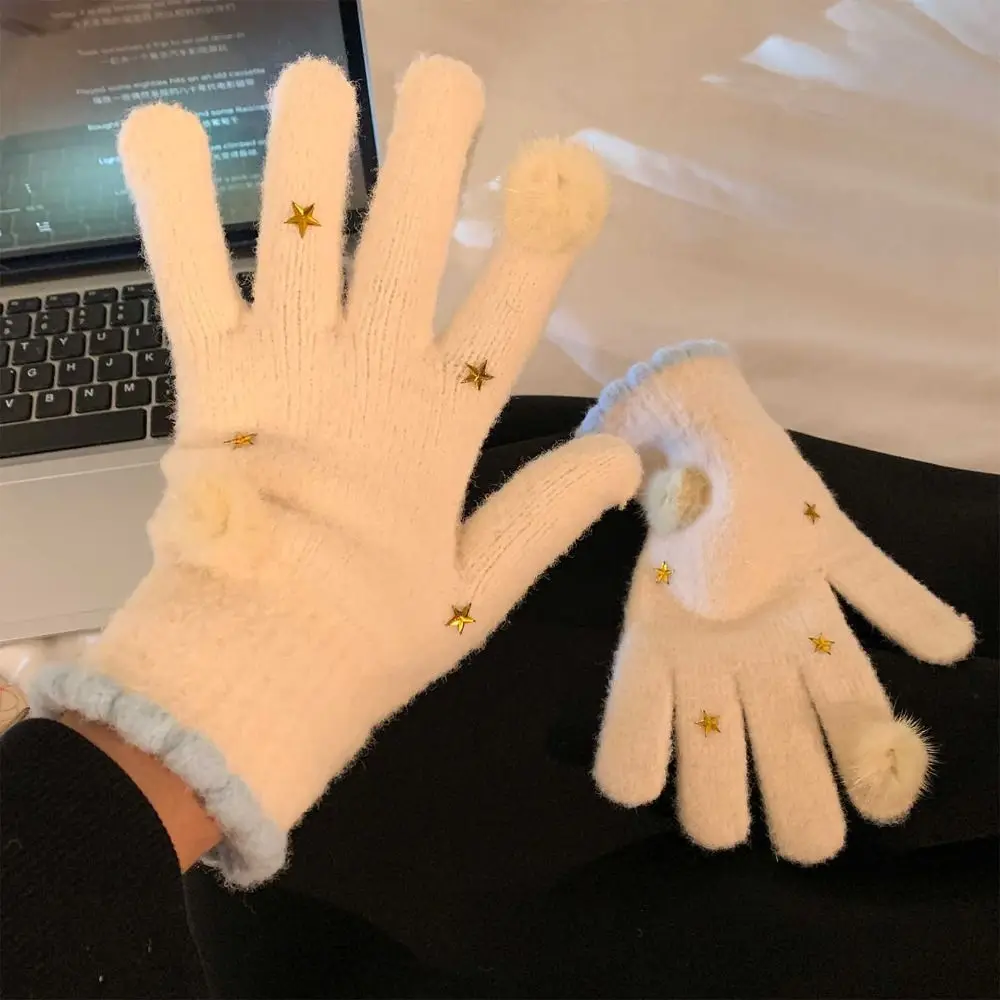 

Japanese Korean Style Warm Knitted Gloves Touch-screen Candy Color Full Fingers Mittens Pom-pom Star Girls Winter Gloves Outdoor