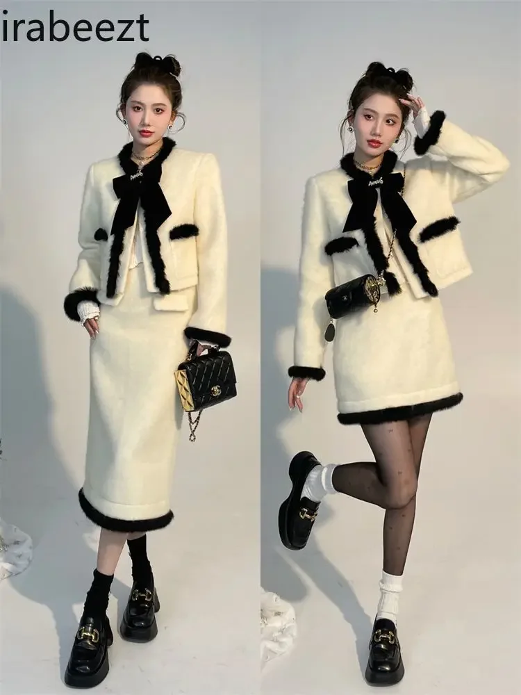 Autumn and Winter Festival Atmosphere Premium Eelgant Thick Coat with Half Skirt Two-piece Set Conjuntos Feminino Elegante