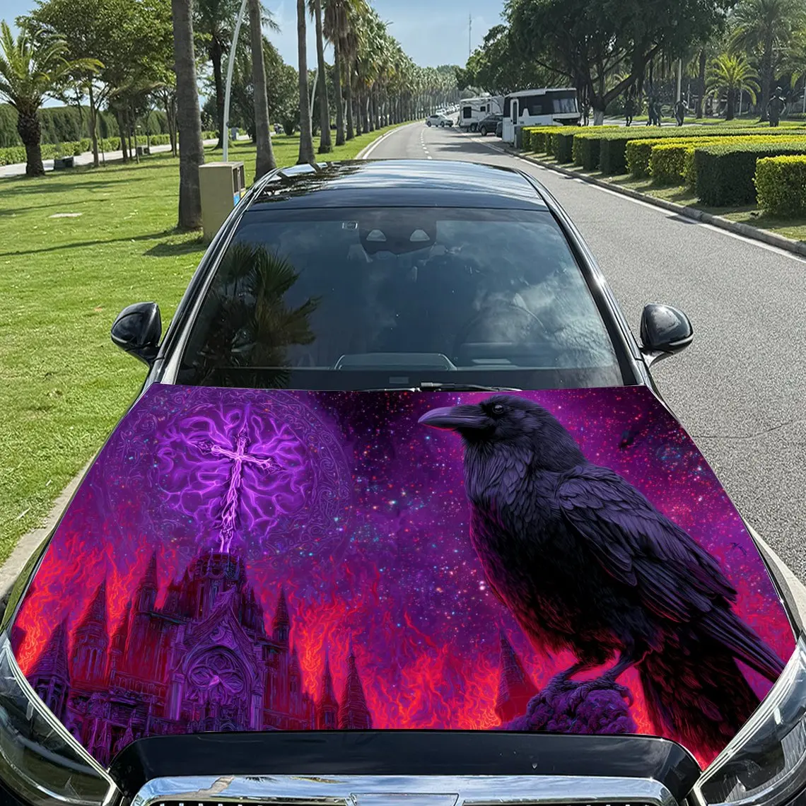 Purple-flame Starry Gothic Castle with Raven Pattern car hood stickers, waterproof self-adhesive, scratch resistant, easy to sti