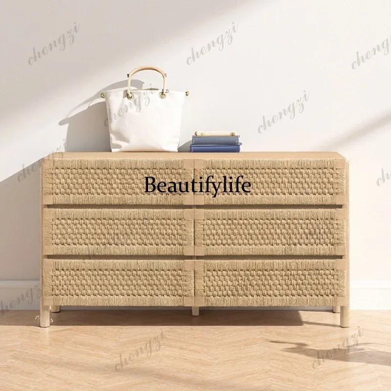 QQ American country solid wood chest rattan storage cabinet bedroom wall locker retro