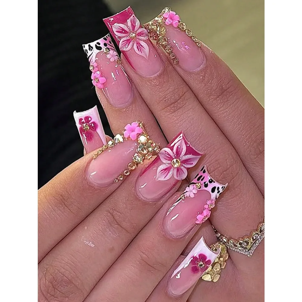 

24pcs/Set Y2K Baddie Style Medium-Long Press-On Nails, Featuring Sweet Pink Leopard Print, French Manicure, And 3D Floral Crystal Decor Design, Suitable For Girls/Women For Daily Wear, Parties, And Celebrations Nail Supplies