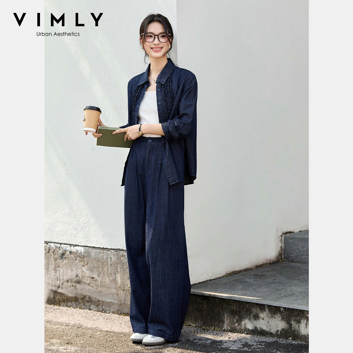 

VIMLY Woman 2 Piece Blue Pant Sets Casual Pure Cotton Denim Spliced Polo Neck Shirts Wide Legs Pants Female Trouser Sets A2962