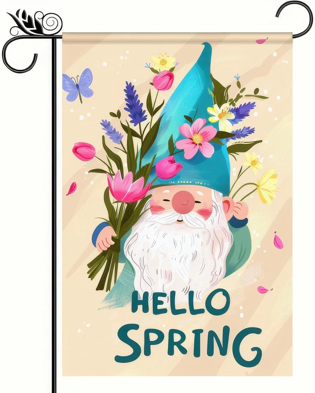 Hello Spring Garden Flag Double-Sided Holiday Decoratios Gnome with Flowers Backdrop Design 12x18 Inches Garden Decor Yard F EEZ