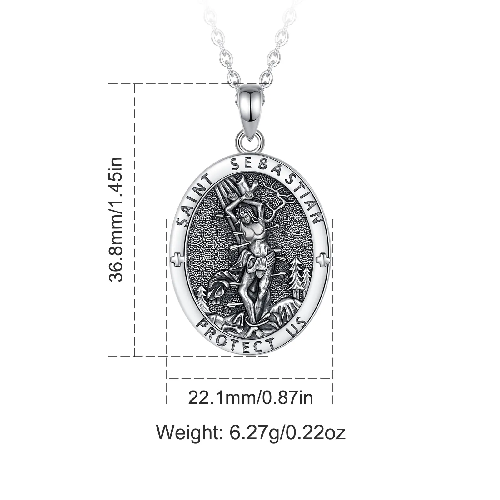Eudora 925 Sterling Silver Saint Sebastian Necklace Protect us Medal Christian Pendant Religious Jewelry Vintage Gift for unisex
