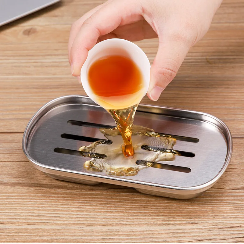Stainless Steel Small Tea Tray Portable Outdoor Simple Rectangular Drain Tray New Household Office Travel Single Person Teaboard