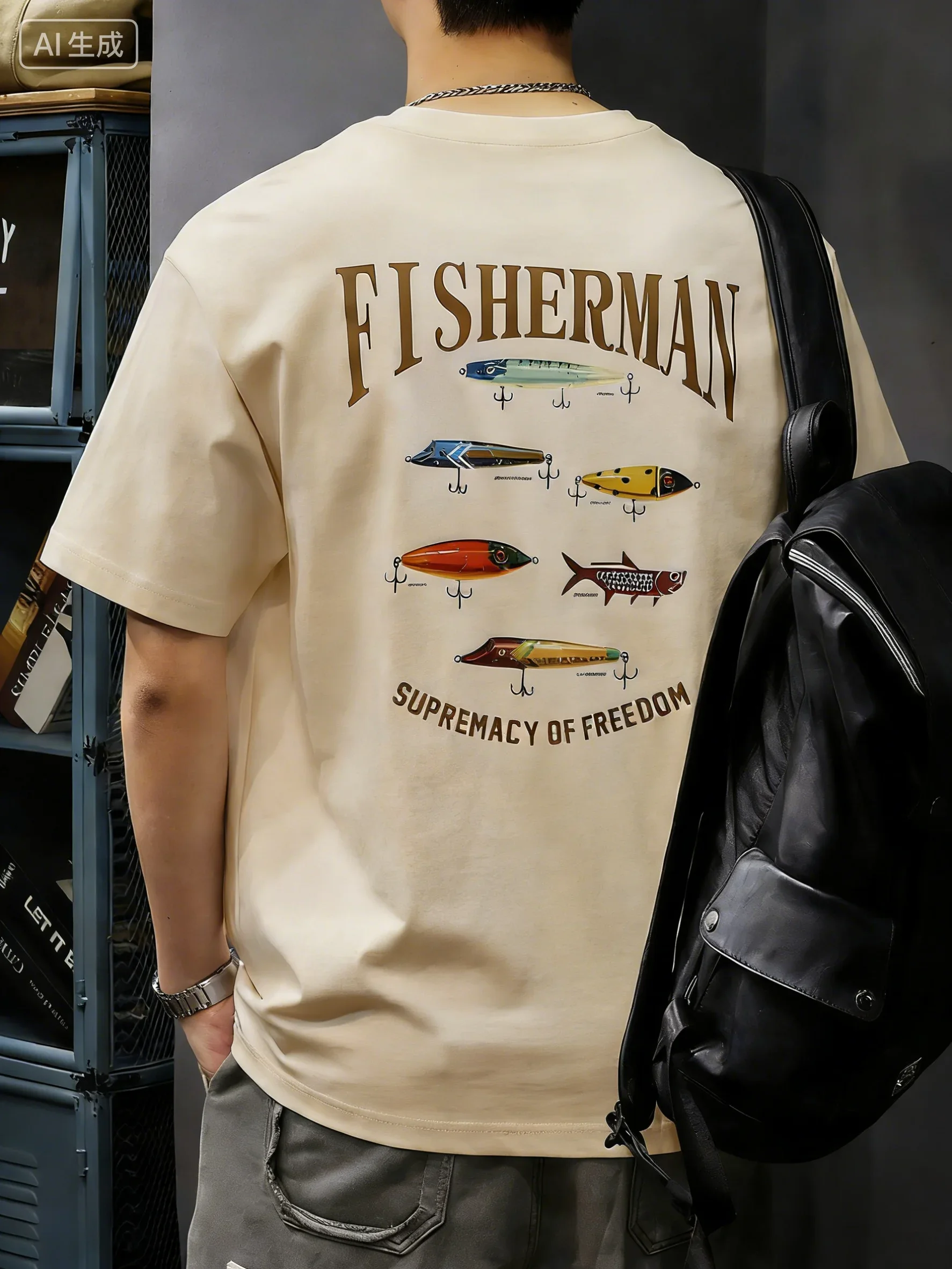 Spring and Summer Best-selling Men's Short-Sleeved 100% Cotton T-Shirt with Fashionable Fishing Theme Pattern Print Top