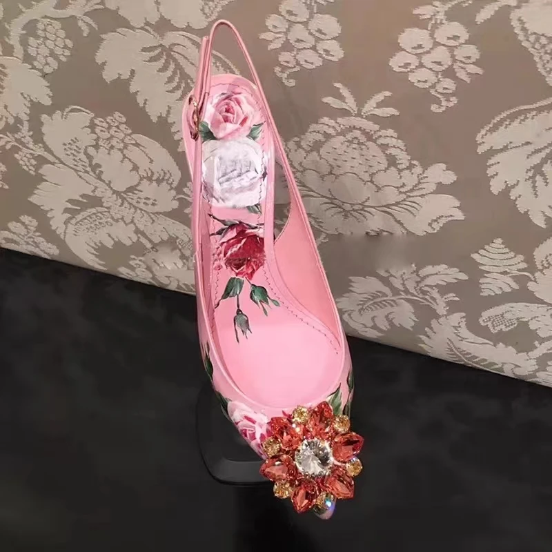 Pink Women 6cm High Heels Diamond Slingback Pumps Bling Rhinestone Floral Print Women Pumps Wedding Dress Pumps Zapatos Mujer