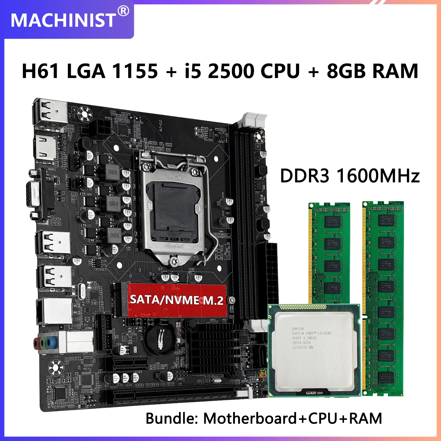 

Материнская плата MACHINIST H61 DDR3 8 ГБ (2*4 ГБ) 1600 МГц ОЗУ с процессором Intel Core i5 2500 и комплектом LGA 1155 Se4