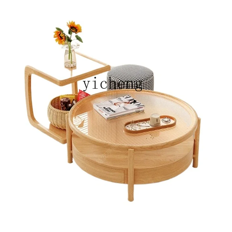 

ZC log rock slab round coffee table living room TV cabinet removable glass edge table tea table and chair combination