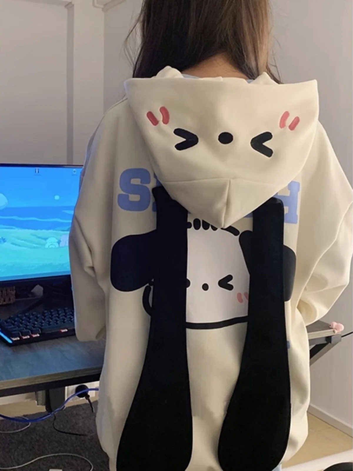 

Fufu Cartoon Long Ear Doggies Hoodie Jacket Women's Autumn Winter Lazy Hong Kong Style Casual Open Cardigan Top Loose Fit Pri...