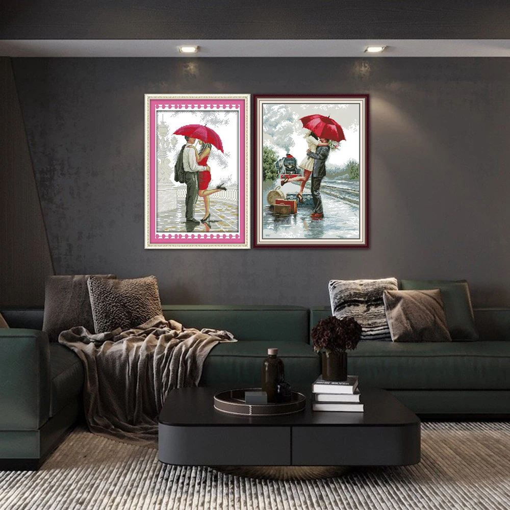 Couples in the Rain, Cross Stitch, A Romantic Walking in Rain, Meet again after a Long Period of Separation, R900, RA
